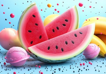 Vibrant watermelon slices, bananas, and ice cream on a pastel background with colorful spheres