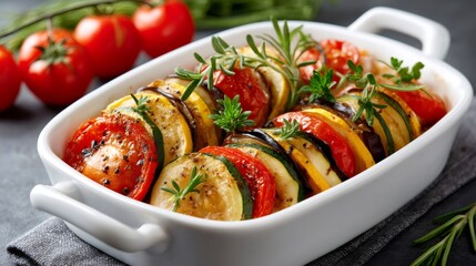 Ratatouille vegetable bake with fresh herbs and tomatoes
