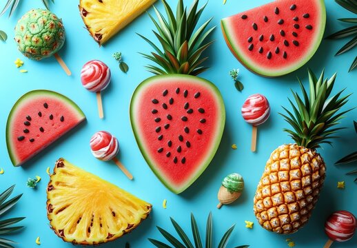 Vibrant fruit pattern on a blue background