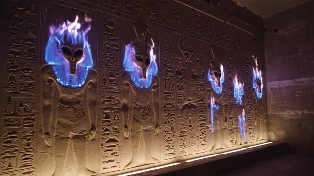 Ancient egyptian wall carving figures with blue plasma instead of heads. Mysterious glow on hieroglyphic temple bas relief. Historical art.