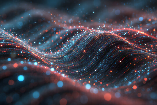 Abstract digital wave with glowing blue and red particles - Powered by Adobe