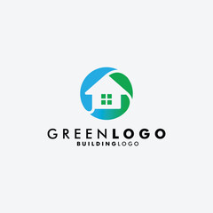 green home logo design line art style, building house logotype vector illustration