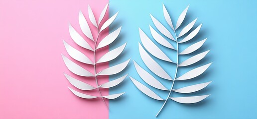 Two symmetrical, white paper palm leaves against a pink and light-blue background