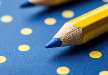 Close-up of two yellow pencils, one with a blue tip, on a dark blue background with yellow polka dots