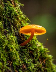 Orange mushroom on mossy tree trunk