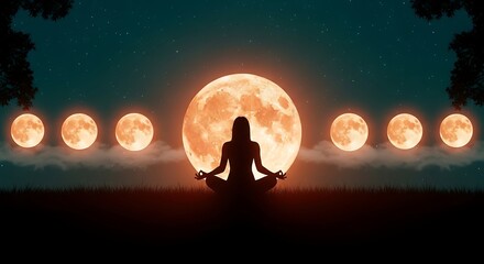 Silhouette of Woman Meditating Under a Magical Moonlit Sky with Multiple Moons and Starry Night for Spiritual Wellness and Inner Peace