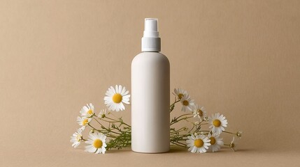 A minimalist white spray bottle surrounded by delicate chamomile flowers on a soft beige background.