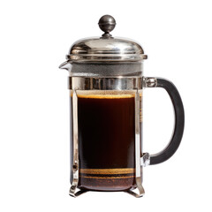 Glass french press coffee maker with dark coffee isolated on transparent background