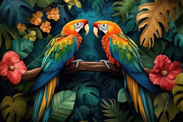 Obraz premium Two colorful parrots perched on a branch surrounded by lush tropical leaves and vibrant flowers, creating a vivid and lively jungle scene