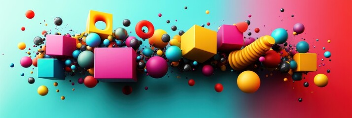 Vibrant abstract composition of colorful geometric shapes including spheres, cubes, rings, and a spiral across a blue and red gradient background conveying energy and motion