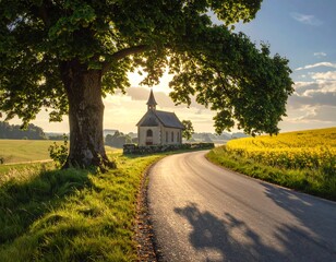 Serene Countryside Church at Sunrise