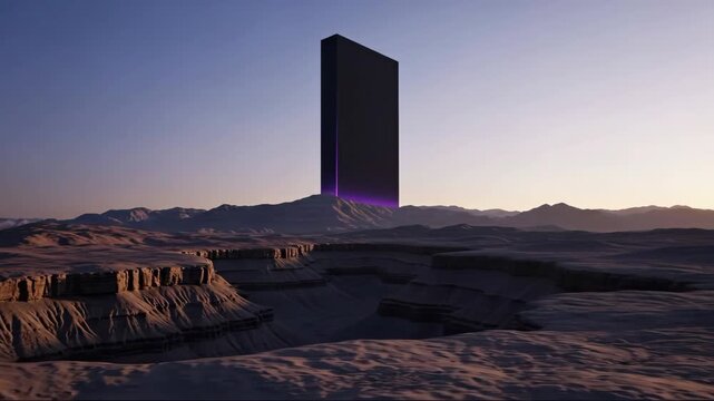 Black monolith with purple light standing on a desert mountain. Alien landscape with canyon. Sci fi mystery and discovery concept footage.