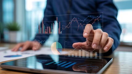Businessman analyzing financial data and charts on a tablet digital interface for business intelligence planning