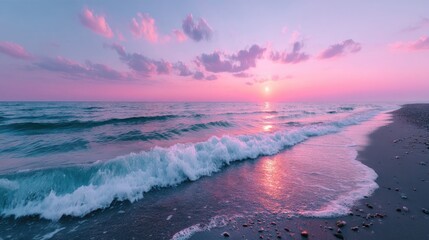Ocean Sunset View with Cinematic HDR Seascape Featuring Pink and Blue Sky, Sparkling Water, and a Sandy Beach with a Soft and Dreamy Feel
