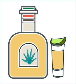 Set of Tequila Bottle with glass and lemon