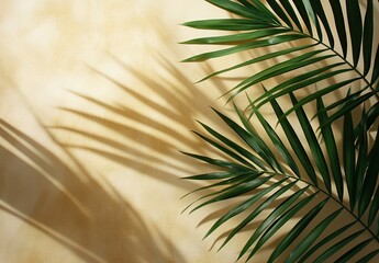 Palm fronds cast shadows on beige wall