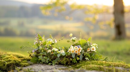 Fototapeta premium Wildflower crown resting on moss at sunset