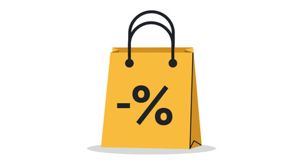 Yellow shopping bag with a large minus sign and percentage symbol, symbolizing a discount or sale, isolated on a white background