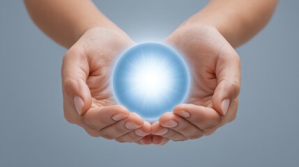 Hands Holding a Glowing Blue Orb Symbolizing Energy, Potential, and Imagination in a Soft Light Environment