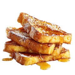 Stack of golden brown french toast drizzled with syrup isolated on transparent background