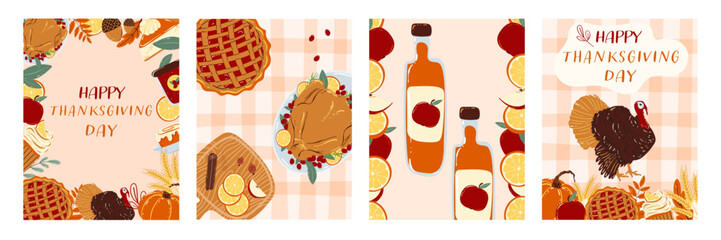 Thanksgiving Day greeting card Set.  With autumn harvest elements. Roasted turkey, berry pie, pumpkin, orange fruit, cider, cinnamon and fall leaves. Vector Illustrations