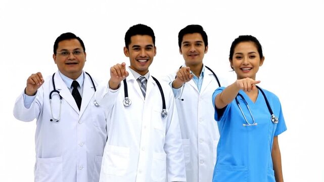 group portrait of four indian asian young doctors in white background in slow motion