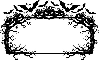 Halloween Decorative Frame Silhouette with Bats Pumpkins and Branches Vector Illustration on White Background