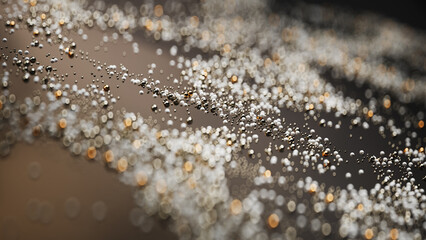 Abstract 3D Illustration of Floating Particles and Metallic Spheres with Bokeh Effect.