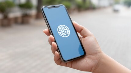 Hand holding smartphone with globe icon on screen, representing global connectivity and modern technology in urban setting