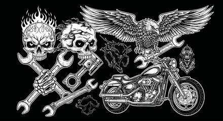 Vintage black and white illustration of motorcycle culture elements including skulls, wrenches, an eagle, and a classic cruiser bike.