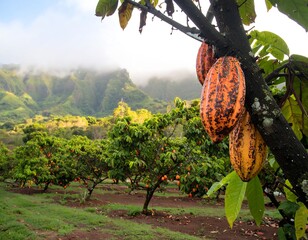 Lush cacao pods hang from trees in a tropical plantation
