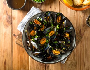 Cooked mussels in a bowl on a wooden table