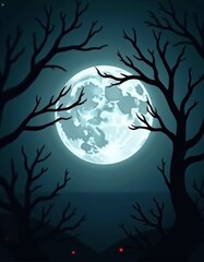 Full Moon Framed by Haunted Branches border background  spooky illustration decoration