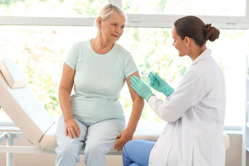 Obraz premium Female doctor vaccinating senior woman in clinic