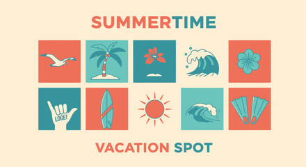 Fototapeta premium A vibrant collection of summer and vacation-themed icons including palm trees, waves, sun, surfboard, and flippers, with text 'SUMMERTIME VACATION SPOT'.