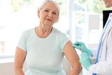 Fototapeta premium Female doctor vaccinating senior woman in clinic