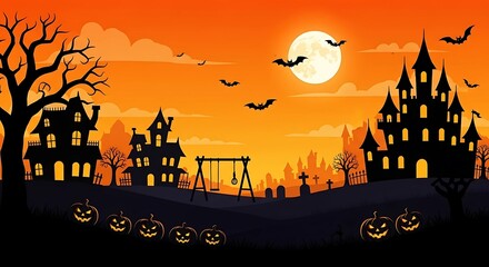 A Haunted House Halloween Background with Full Moon, Pumpkins and Bats a Spooky Graveyard Silhouette