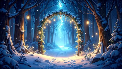 Snowy winter forest archway glowing with fairy lights