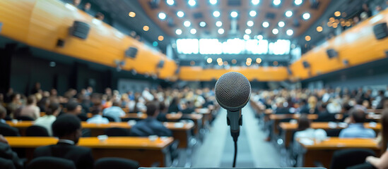 Empty Audience Hall: A modern and large conference hall set up with rows of chairs. Focus on the foreground microphone capturing the essence of anticipation and a collective audience.