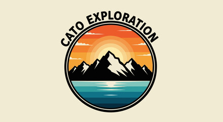 A circular logo featuring a vibrant sunset over majestic mountains and a serene lake, with 'CATO EXPLORATION' text arched above, evoking adventure and nature.
