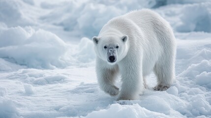 Trigger climate catastrophe. Polar bear walking on icy terrain in a serene, snowy landscape.