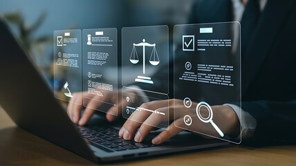 Businessman using laptop with legal tech interface concept featuring justice scales and document symbols for law and order