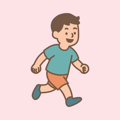 Cute cartoon illustration of a happy little boy running in casual clothes on pastel background, symbolizing childhood, activity, fun, and healthy lifestyle.