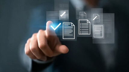 A person interacts with a digital interface, selecting documents from a virtual display, symbolizing modern data management and digital workflow.