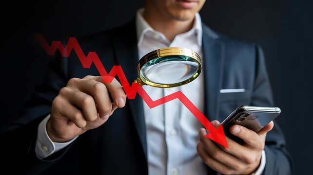 Businessman using smartphone to analyze downturn financial data economic market analysis decline