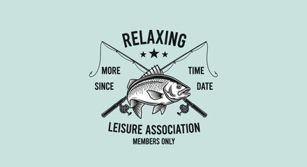 Vintage fishing emblem with a fish and crossed rods for a relaxing leisure association, featuring text 'Relaxing Leisure Association Members Only'.