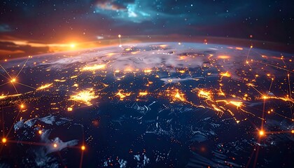 A composite shot of Earth from space, highlighting interconnected networks of light across continents and oceans during a sunrise/sunset with cosmic backdrop