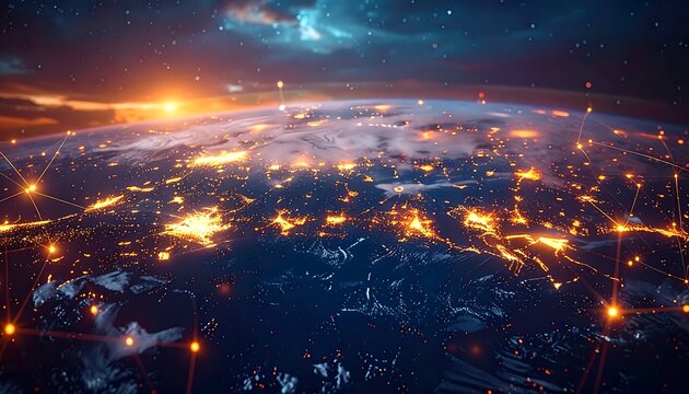 A composite shot of Earth from space, highlighting interconnected networks of light across continents and oceans during a sunrise/sunset with cosmic backdrop - Powered by Adobe