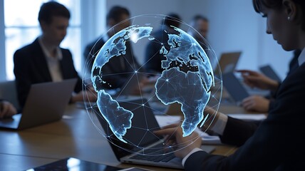 Businesspeople collaborating on global data network in a meeting environment with digital world representation technology.