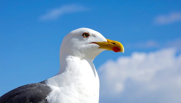 Close-up profile of a seagull against a clear blue sky with puffy white clouds